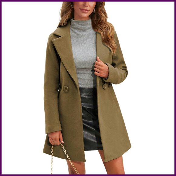 Women's Wool Pea Coat Notched Collar Double Breasted Midi Trench